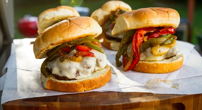 Philly Cheesesteak Burgers with Onions, Peppers, and Provolone